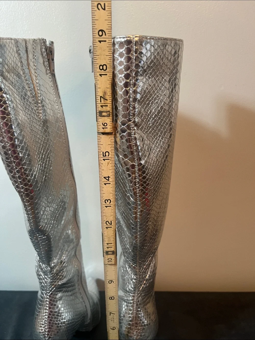 Silver Snake-Embossed Knee-High Pointed Toe Boots SZ 7.5